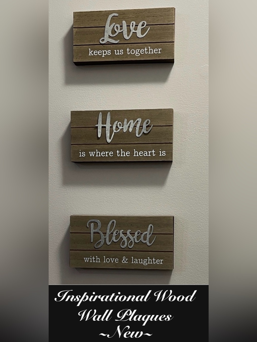 Rustic Wood Wall Plaque Trio - Love, Home, Blessed - Neutral/Wood -Tin Accent 🆕